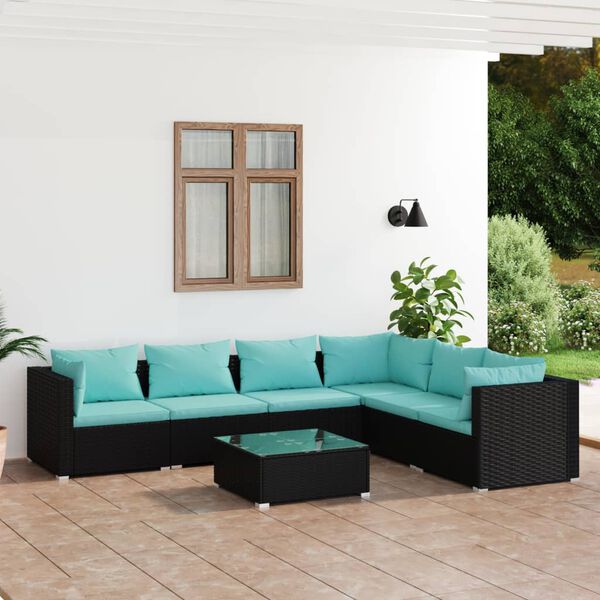 vidaXL Salon de jardin 7 pcs avec coussins R&eacute;sine tress&eacute;e Noir