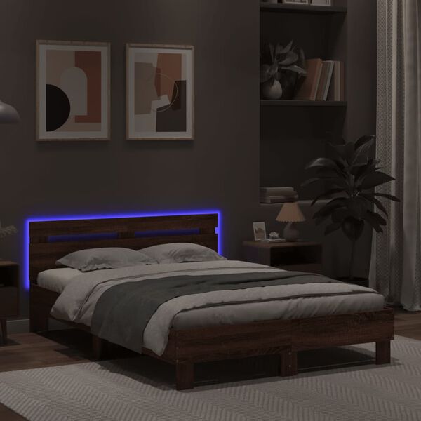 vidaXL Cadre de lit avec LED sans matelas ch&ecirc;ne marron 135x190 cm
