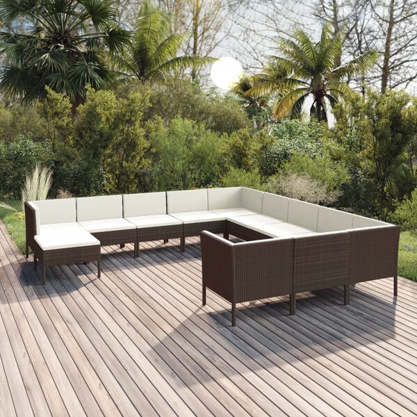 vidaXL Salon de jardin 12 pcs avec coussins Résine tressée Marron
