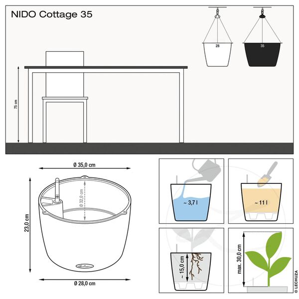 LECHUZA Jardinière suspendue NIDO Cottage 35 ALL-IN-ONE Gris clair