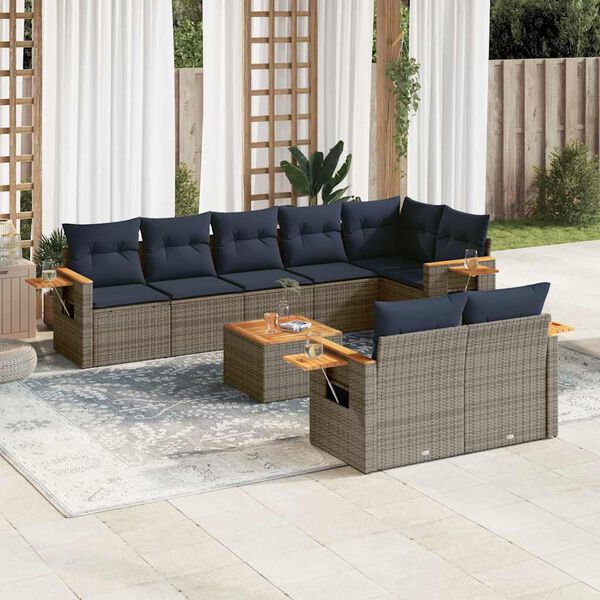 vidaXL Salon de jardin 9 pcs avec coussins gris résine tressée