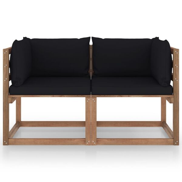 vidaXL Canap&eacute; palette de jardin 2 places et coussins noir Pin&egrave;de