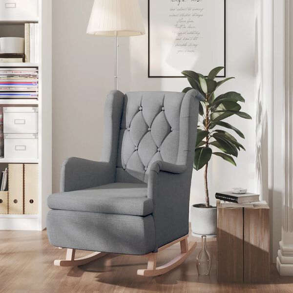 vidaXL Fauteuil avec pieds &agrave; bascule en bois d'h&eacute;v&eacute;a Gris clair Tissu