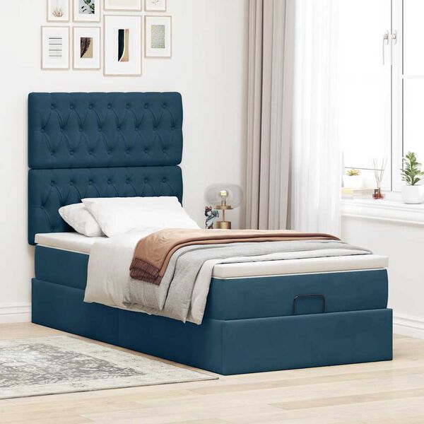 vidaXL Cadre de lit ottoman avec matelas bleu fonc&eacute; 100x200 cm velours