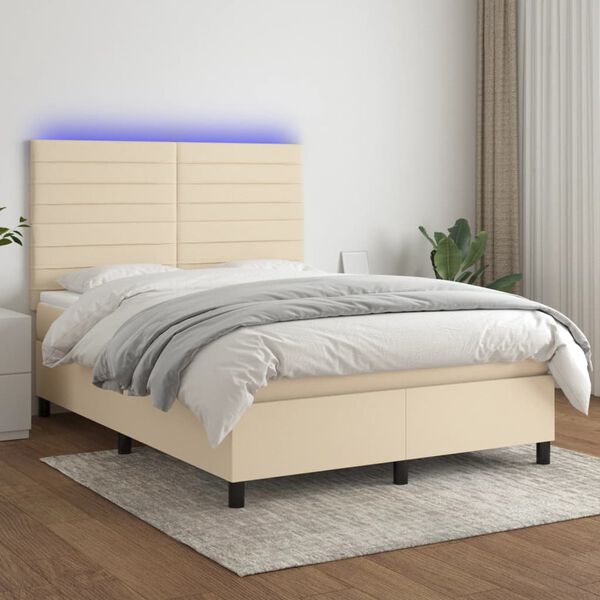 vidaXL Sommier &agrave; lattes de lit et matelas et LED Cr&egrave;me 140x190cm Tissu