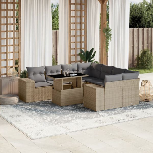 vidaXL Salon de jardin avec coussins 9 pcs beige r&eacute;sine tress&eacute;e