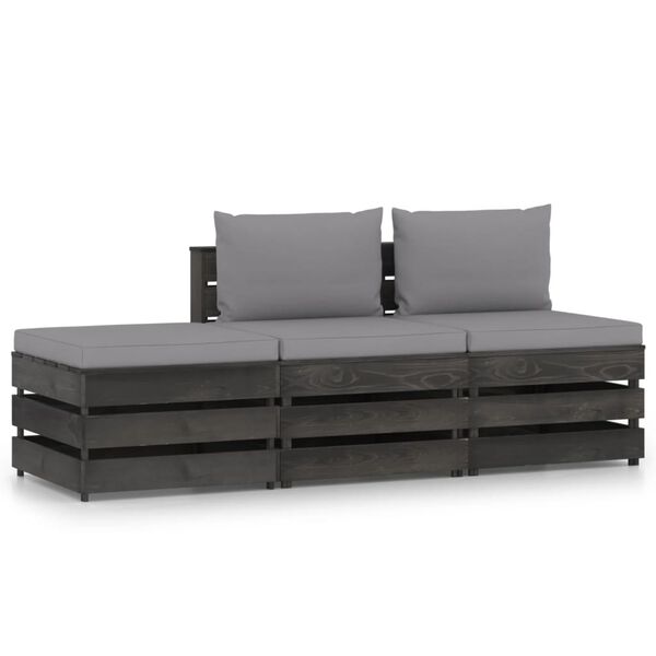 vidaXL Salon de jardin 3 pcs avec coussins Bois impr&eacute;gn&eacute; de gris