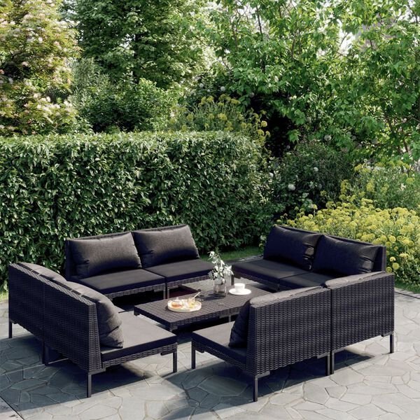 vidaXL Salon de jardin 9 pcs avec coussins Résine tressée Gris foncé