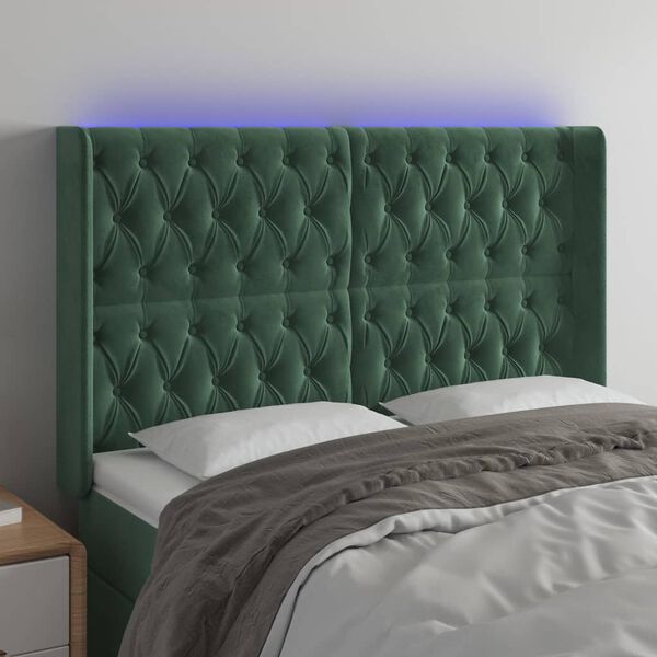 vidaXL T&ecirc;te de lit &agrave; LED Vert fonc&eacute; 147x16x118/128 cm Velours