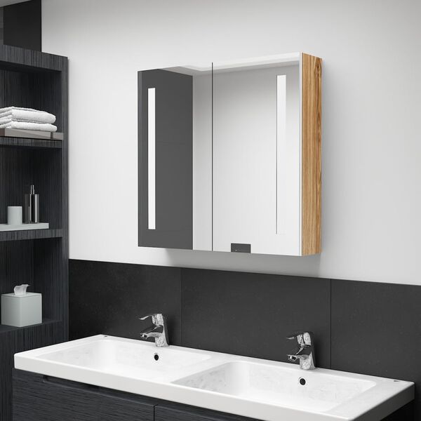 vidaXL Armoire de salle de bain à miroir LED blanc et chêne 62x14x60cm