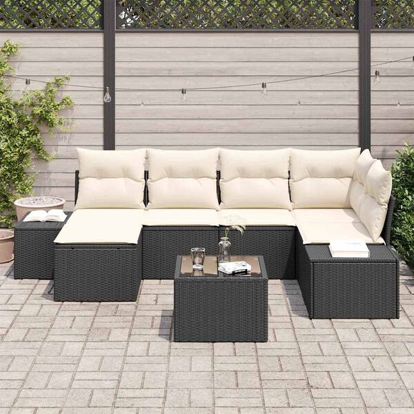 vidaXL Ensemble de canapé de jardin 7 pcs Noir et crème Poly rotin