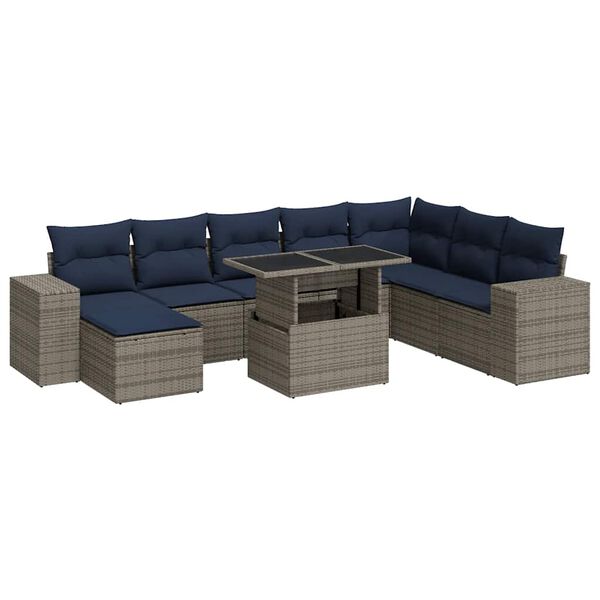 vidaXL Salon de jardin avec coussins 9 pcs gris r&eacute;sine tress&eacute;e acacia