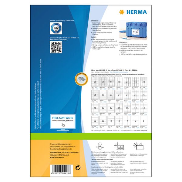 HERMA &Eacute;tiquettes permanentes PREMIUM A4 210x297 mm 100 Feuilles