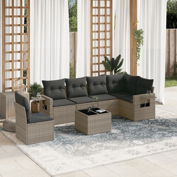 vidaXL Salon de jardin avec coussins 7 pcs gris r&eacute;sine tress&eacute;e