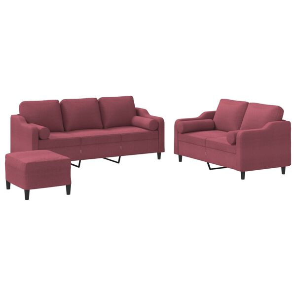 vidaXL Ensemble de canap&eacute;s 3 pcs avec coussins rouge bordeaux tissu