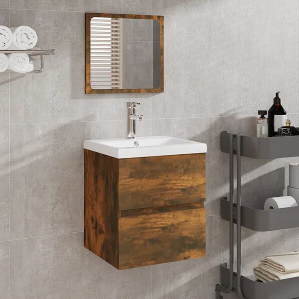 vidaXL Armoire lavabo de salle de bain et bassin et miroir Ch&ecirc;ne fum&eacute;