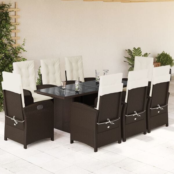 vidaXL Ensemble &agrave; manger de jardin et coussins 9 pcs marron poly rotin