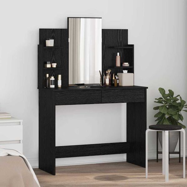vidaXL Table de maquillage avec miroir Chêne noir 96 x 39 x 142 cm