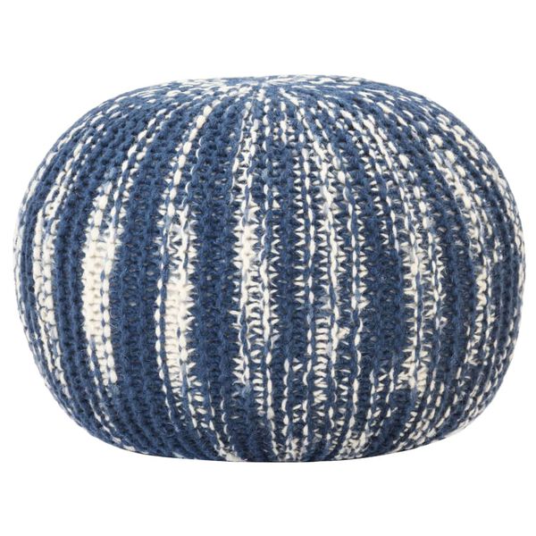 vidaXL Pouf tricot&eacute; &agrave; la main Bleu et blanc 50 x 35 cm Laine