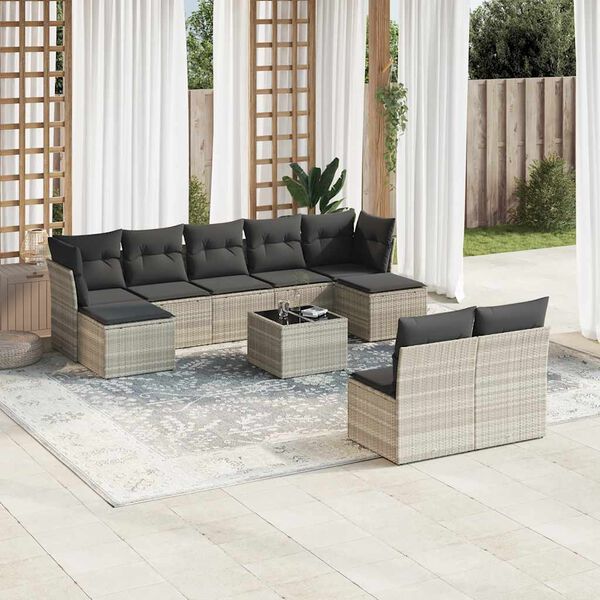 vidaXL Salon de jardin avec coussins 10 pcs gris clair r&eacute;sine tress&eacute;e