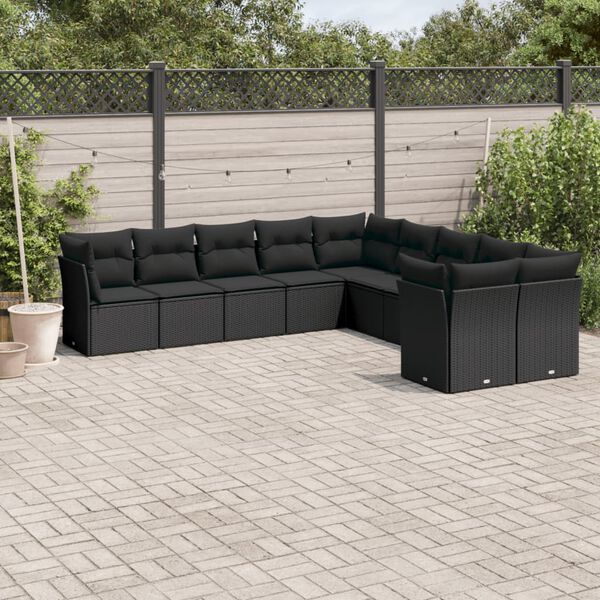 vidaXL Salon de jardin 10 pcs avec coussins noir r&eacute;sine tress&eacute;e