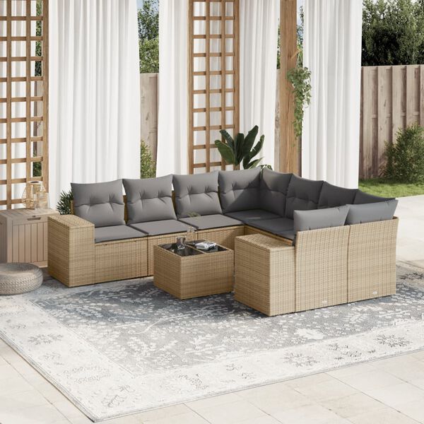 vidaXL Salon de jardin avec coussins 9 pcs beige r&eacute;sine tress&eacute;e