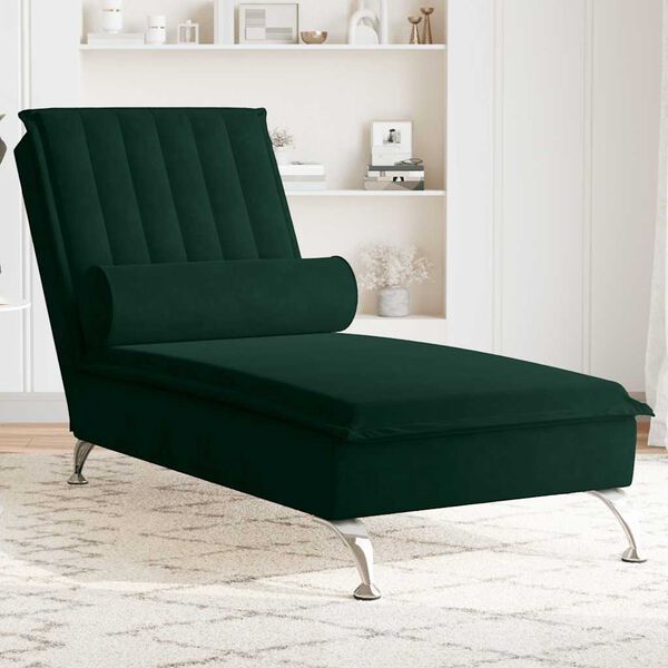 vidaXL Chaise longue de massage avec traversin vert fonc&eacute; velours