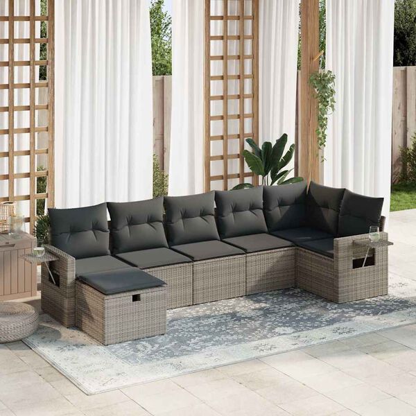 vidaXL Salon de jardin avec coussins 7 pcs gris r&eacute;sine tress&eacute;e