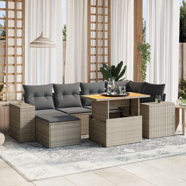 vidaXL Salon de jardin avec coussins 7 pcs gris r&eacute;sine tress&eacute;e