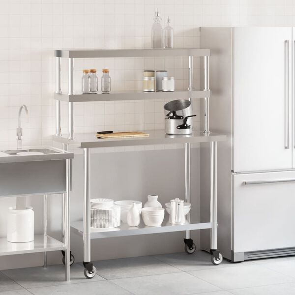 vidaXL Table de travail de cuisine avec étagère 110x55x150 cm inox