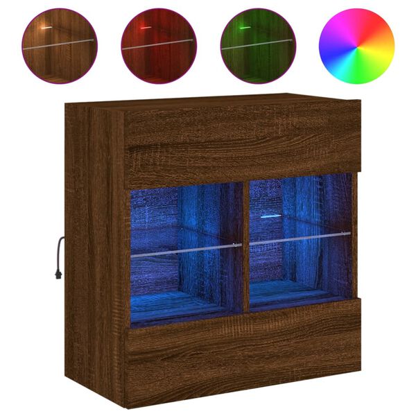 vidaXL Meuble TV mural avec lumi&egrave;res LED ch&ecirc;ne marron 58,5x30x60,5 cm