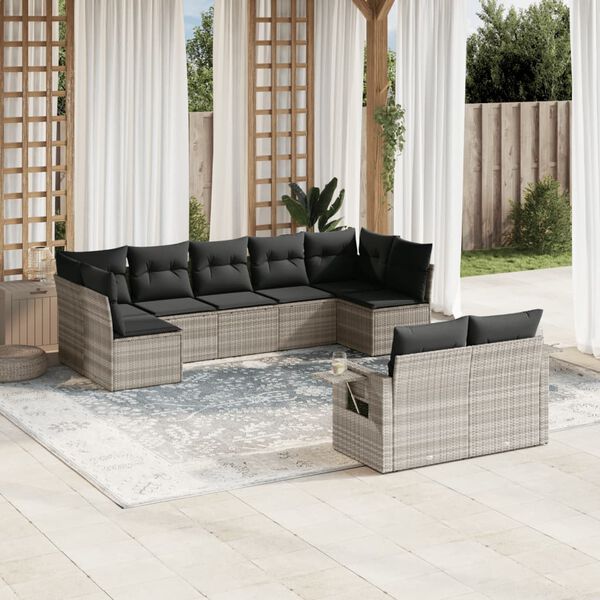 vidaXL Salon de jardin 9 pcs avec coussins gris clair r&eacute;sine tress&eacute;e