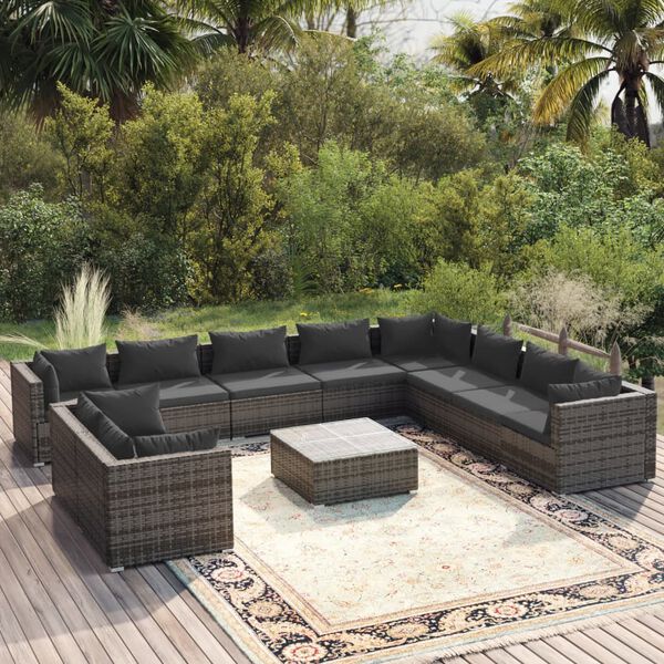 vidaXL Salon de jardin 11 pcs avec coussins Gris R&eacute;sine tress&eacute;e