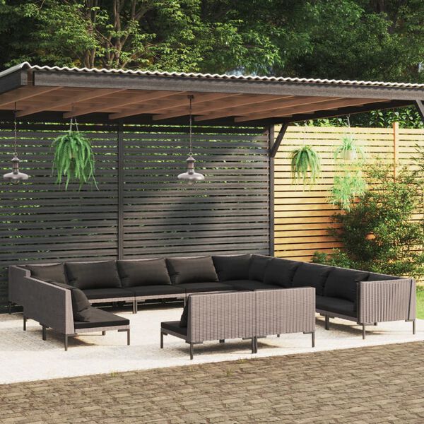 vidaXL Salon de jardin 13 pcs avec coussins R&eacute;sine tress&eacute;e Gris fonc&eacute;