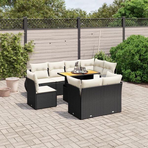 vidaXL Salon de jardin 9 pcs avec coussins noir r&eacute;sine tress&eacute;e