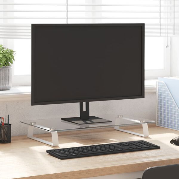vidaXL Support de moniteur blanc 60x35x8 cm verre tremp&eacute; et m&eacute;tal