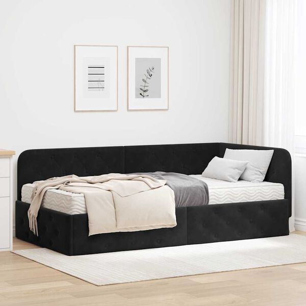vidaXL Cadre de lit d'angle avec matelas Noir 90 x 190 cm Velours