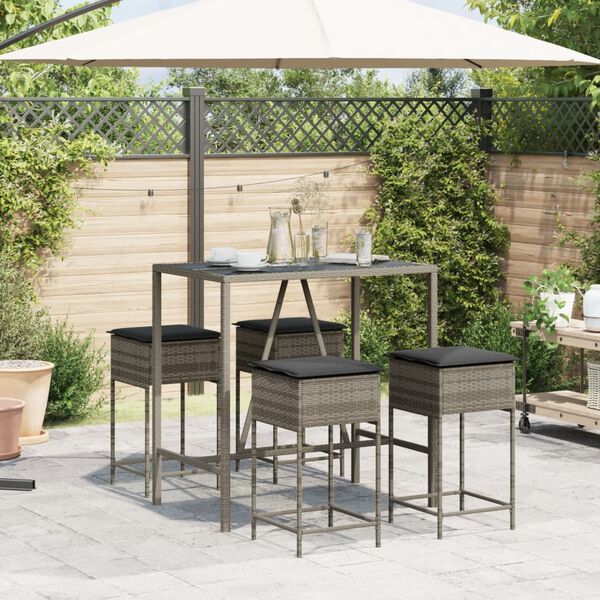vidaXL Ensemble de bar de jardin 5 pcs avec coussins gris poly rotin