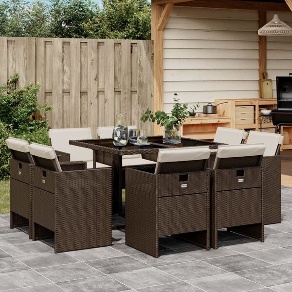 vidaXL Ensemble &agrave; manger de jardin et coussins 9 pcs marron poly rotin