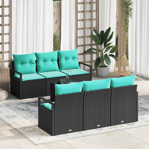 vidaXL Ensemble de Canap&eacute;s 7 pcs Noir et turquoise polyrotin