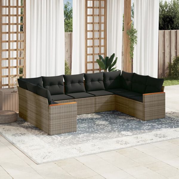 vidaXL Salon de jardin 9 pcs avec coussins gris résine tressée