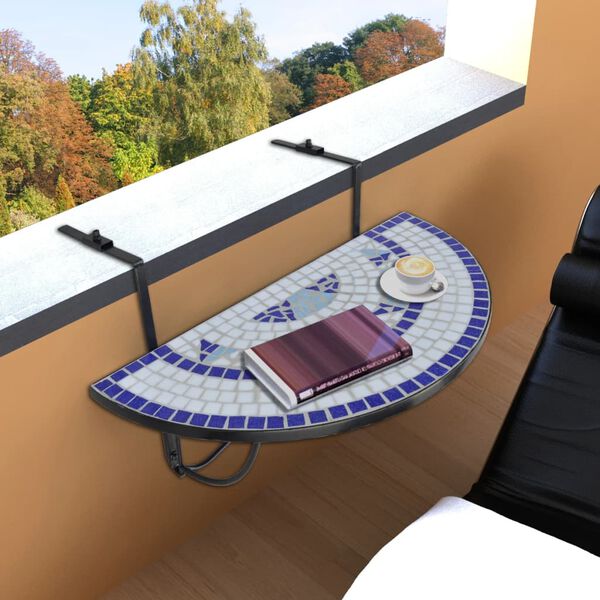 vidaXL Table suspendue de balcon Bleu et blanc Mosa&iuml;que