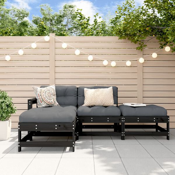 vidaXL Salon de jardin 4 pcs avec coussins noir bois massif