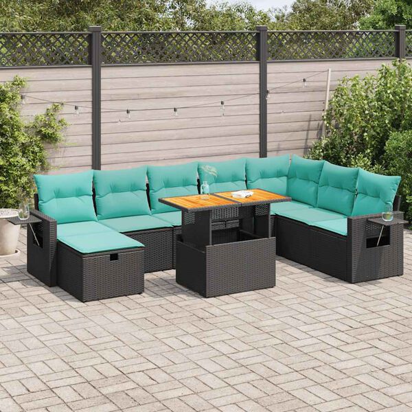 vidaXL Salon de jardin avec coussins 9 pcs noir r&eacute;sine tress&eacute;e acacia