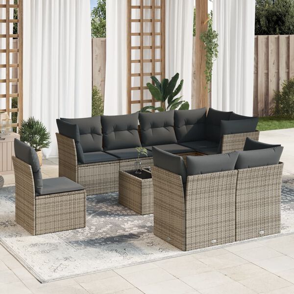 vidaXL Salon de jardin 9 pcs avec coussins gris résine tressée