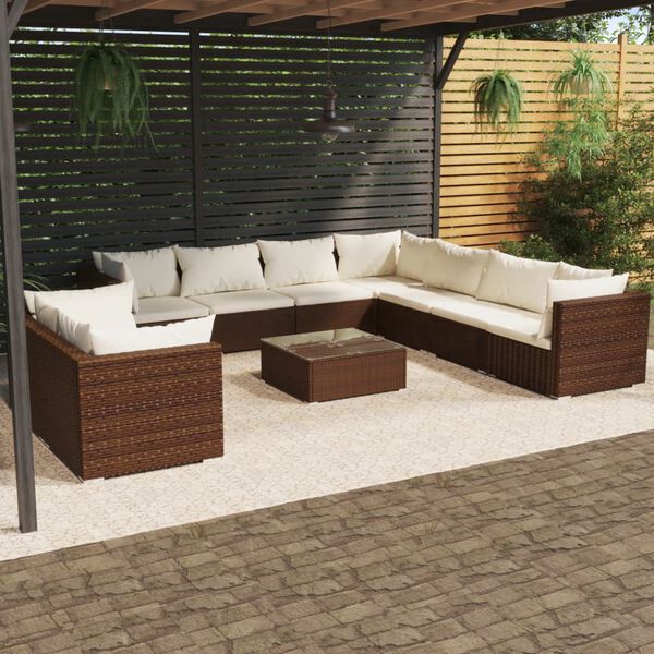vidaXL Salon de jardin 10 pcs avec coussins marron r&eacute;sine tress&eacute;e