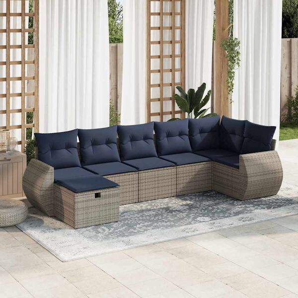 vidaXL Salon de jardin avec coussins 7 pcs gris r&eacute;sine tress&eacute;e
