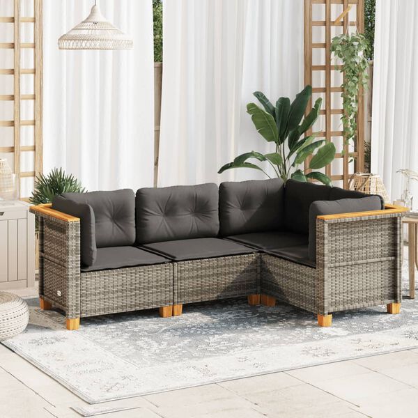 vidaXL Salon de jardin 4 pcs avec coussins gris r&eacute;sine tress&eacute;e