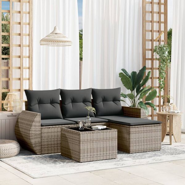 vidaXL Salon de jardin 5 pcs avec coussins gris r&eacute;sine tress&eacute;e
