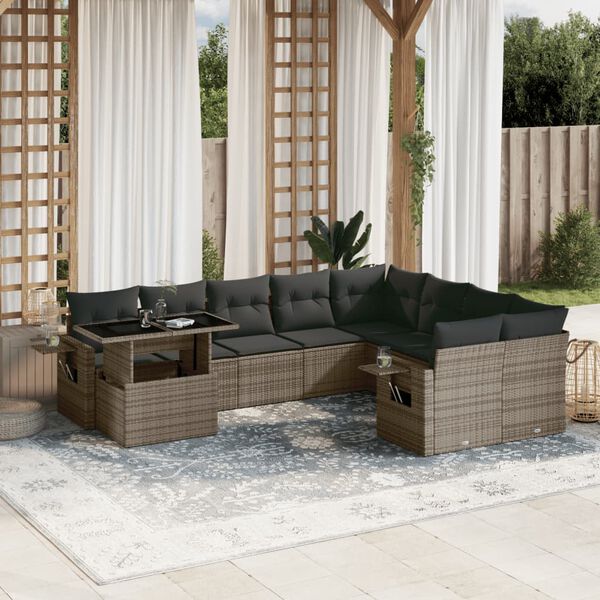 vidaXL Salon de jardin avec coussins 10 pcs gris r&eacute;sine tress&eacute;e